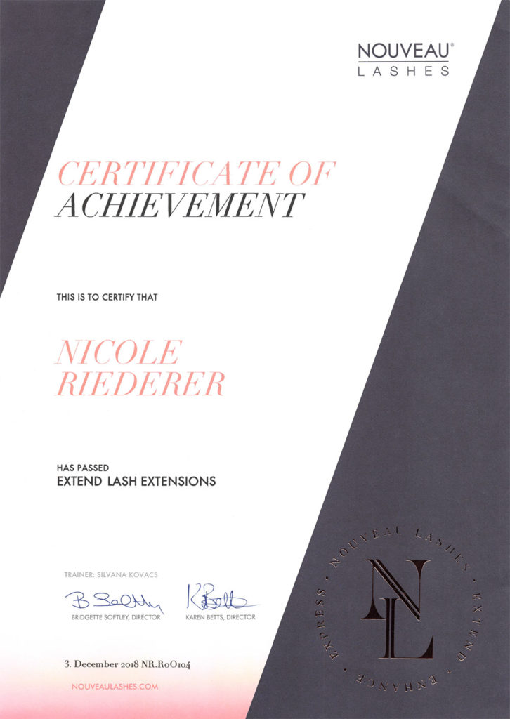Zertifikat Nicole Riederer - Extend Lash Extensions 2018