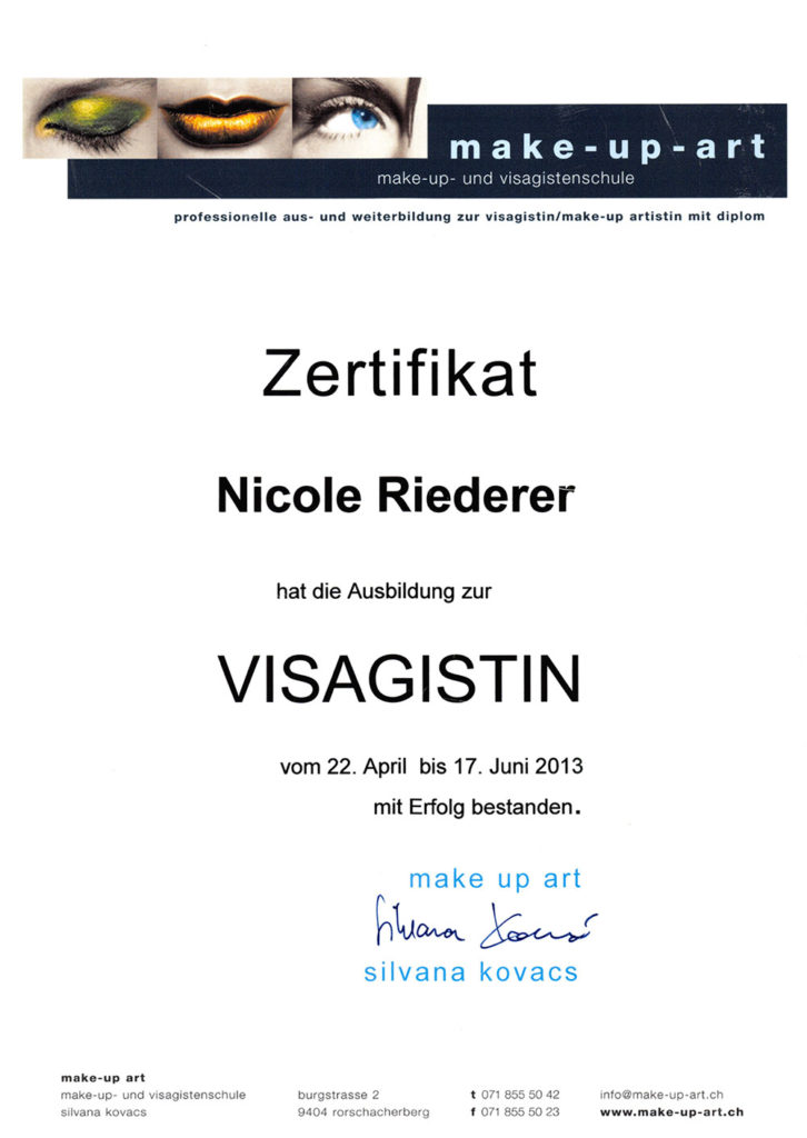 Zertifikat Nicole Riederer - Visagistin make-up art 2013