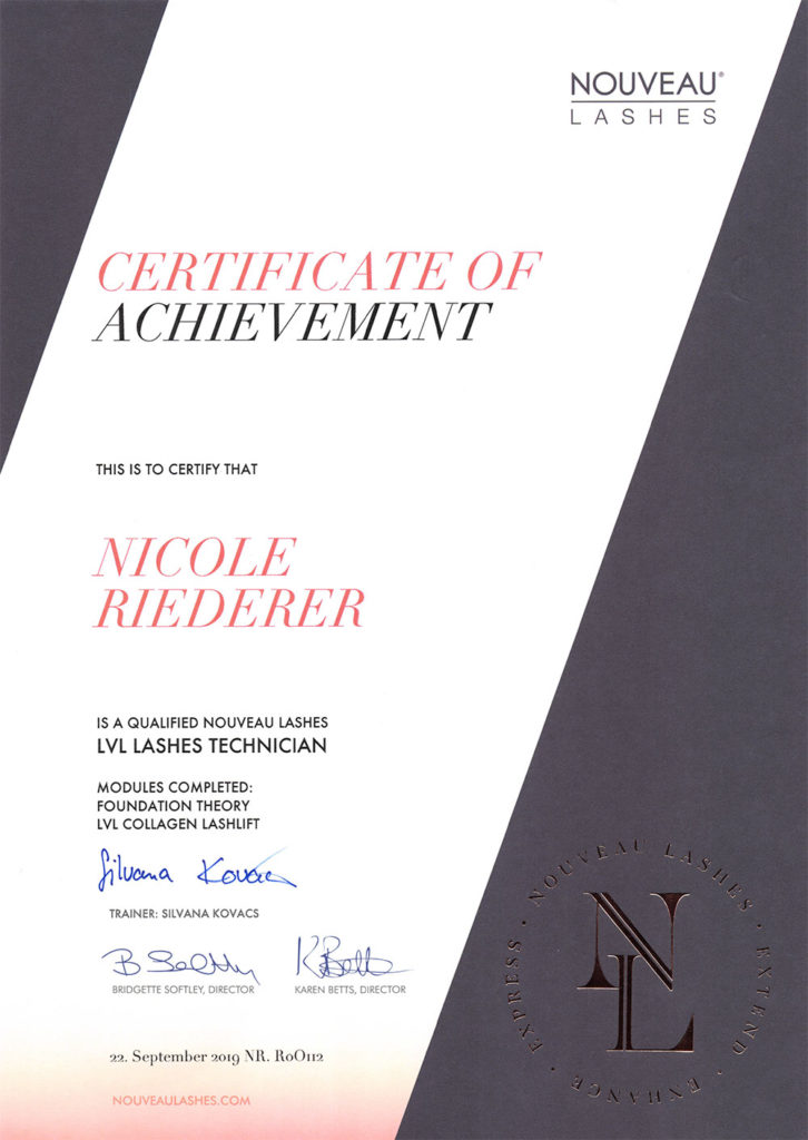 Zertifikat Nicole Riederer - LVL Lashes Technicisn 2019